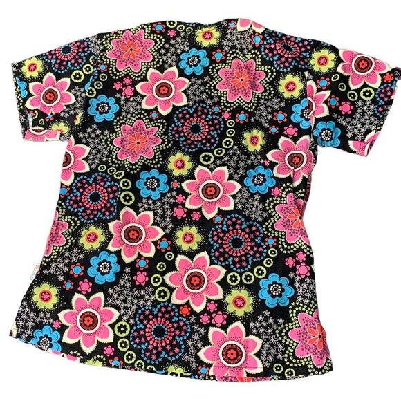 Peaches Womens Bright Floral Uniform Medical Scrub Top Nurse Work Wear Size XS - Picture 2 of 11